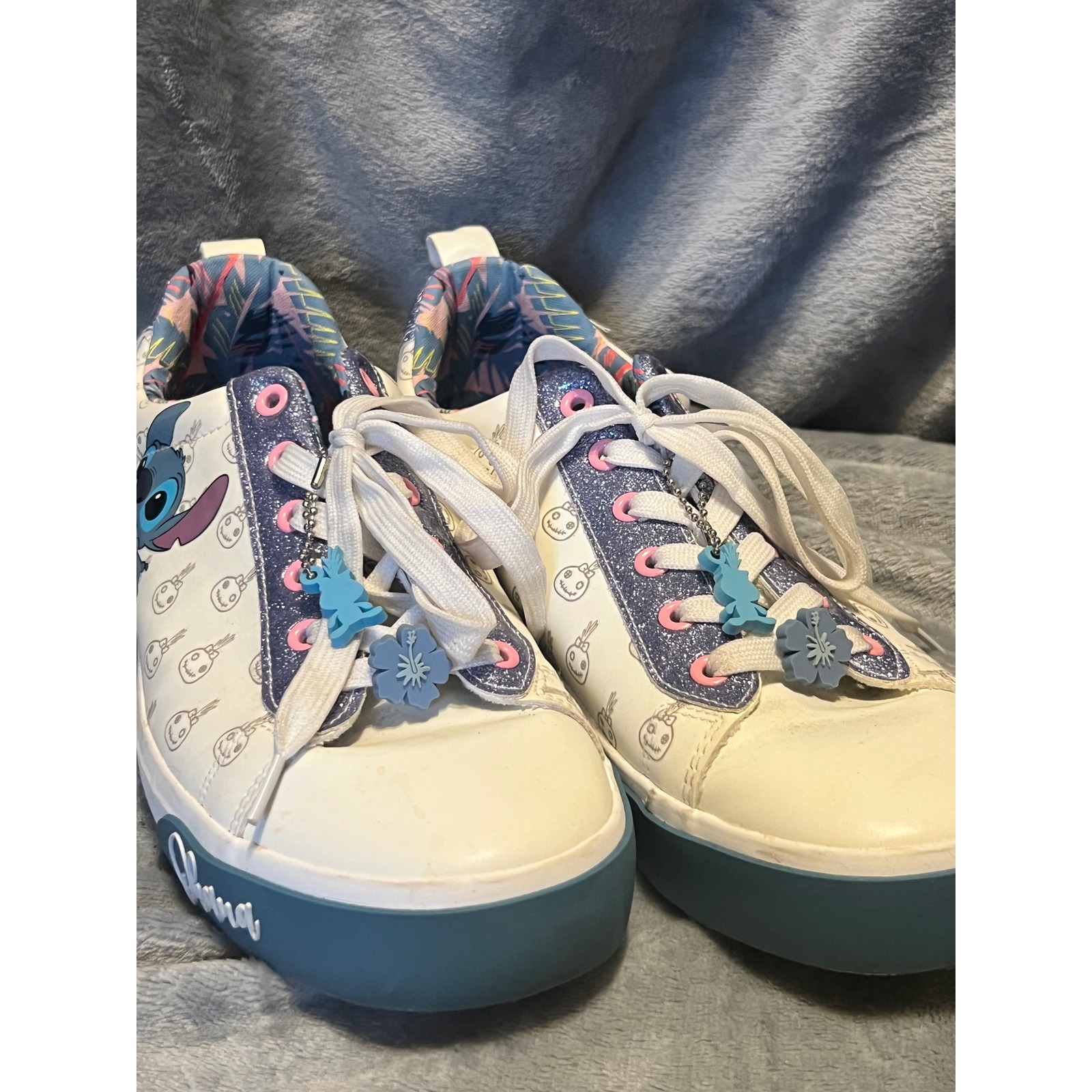 Fun Charms Disney Stitch Sneakers Women's Size 11 White Glitter Lace Up Shoes